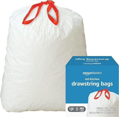 Picture of 1Amazon Basics Tall Kitchen Drawstring Trash Bags, 13 Gallon, Unscented, 120 Count (Previously Solimo)