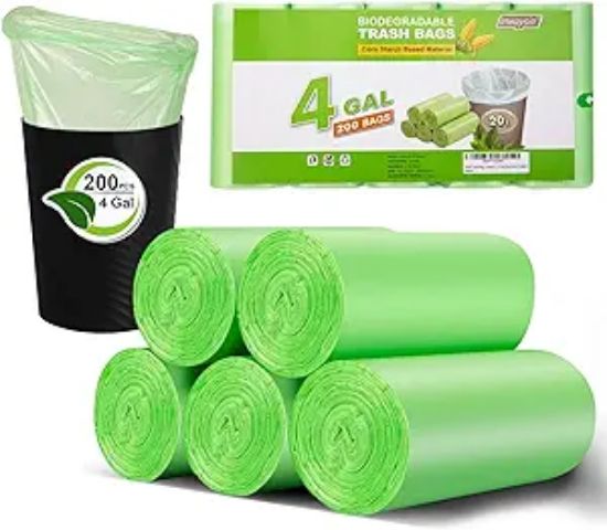 Picture of Small Trash Bags 4-6 Gallon, Inwaysin 200 Count Biodegradable Trash Bags 4 Gallon, Extra Strong Small Garbage Bags Unscented, Size Expanded, Green, for Bathroom Bedroom Office Kitchen Trash Can